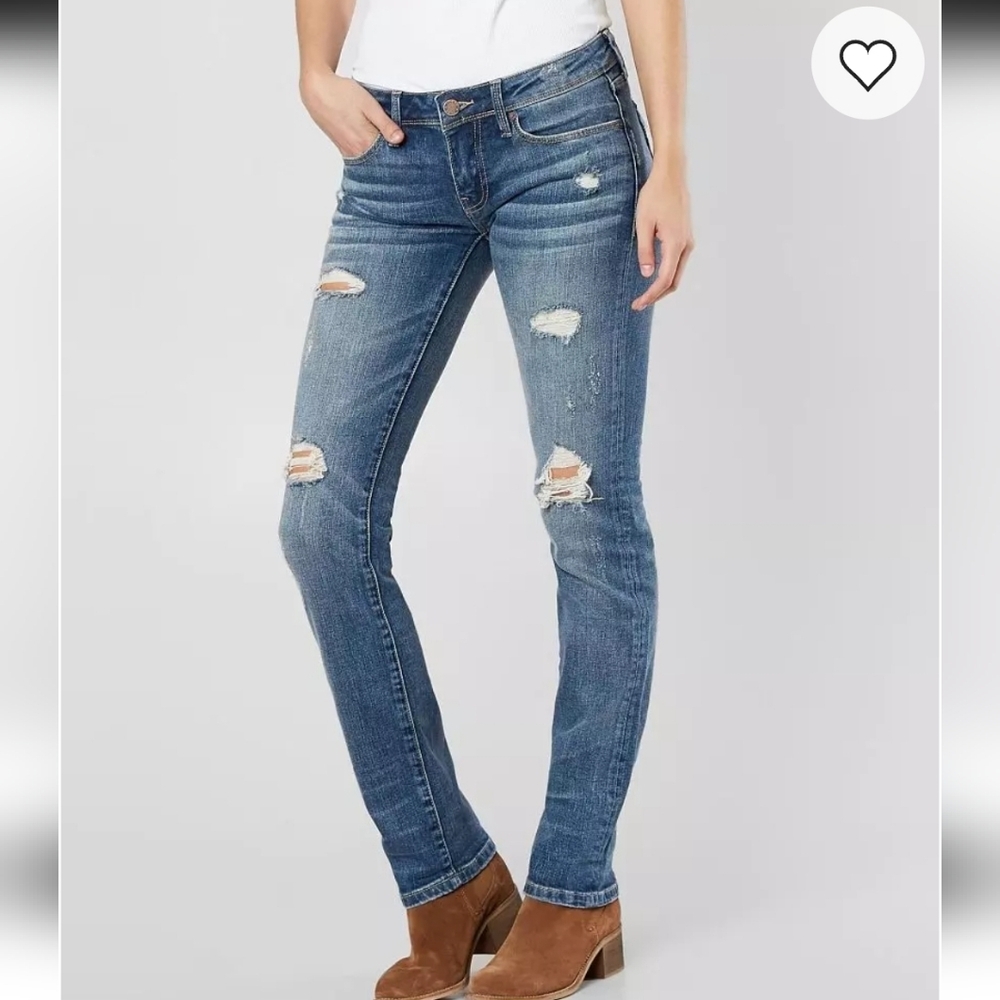 Buckle Women's Straight Leg Distressed Blue Jeans